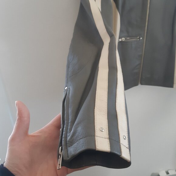 OXYHO Sorento Large Women's Genuine Leather Coat, Two-Tone Olive/Grey + Beige - Picture 11 of 16